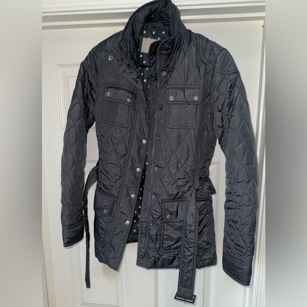 Banana Republic dark gray Quilted belted Jacket with Polka Dot Interior